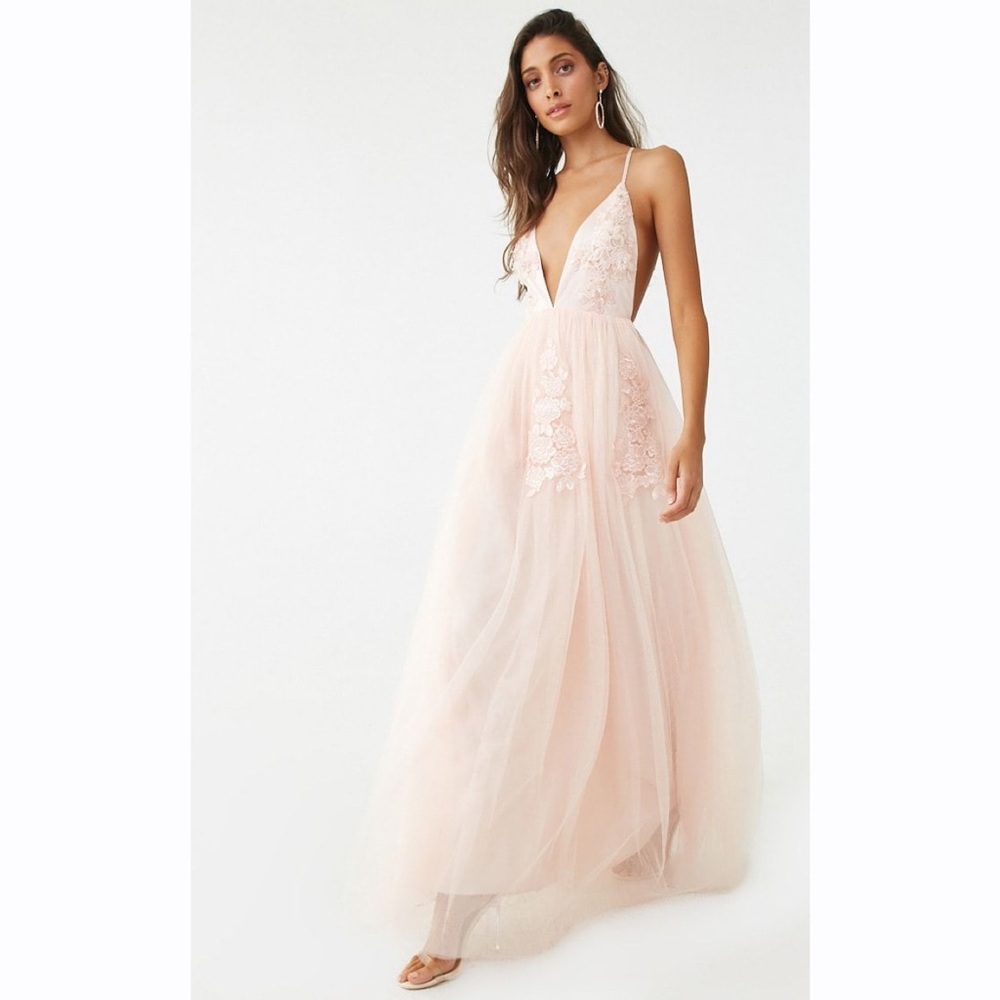Floral Embroidered Plunging Tulle Gown